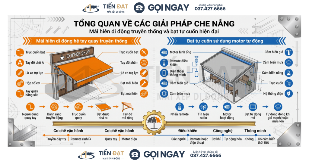 So sánh mái hiên di động tay quay và bạt tự cuốn motor