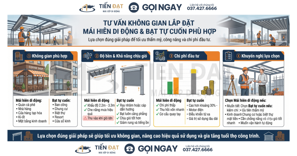 So sánh mái hiên di động tay quay và bạt tự cuốn motor