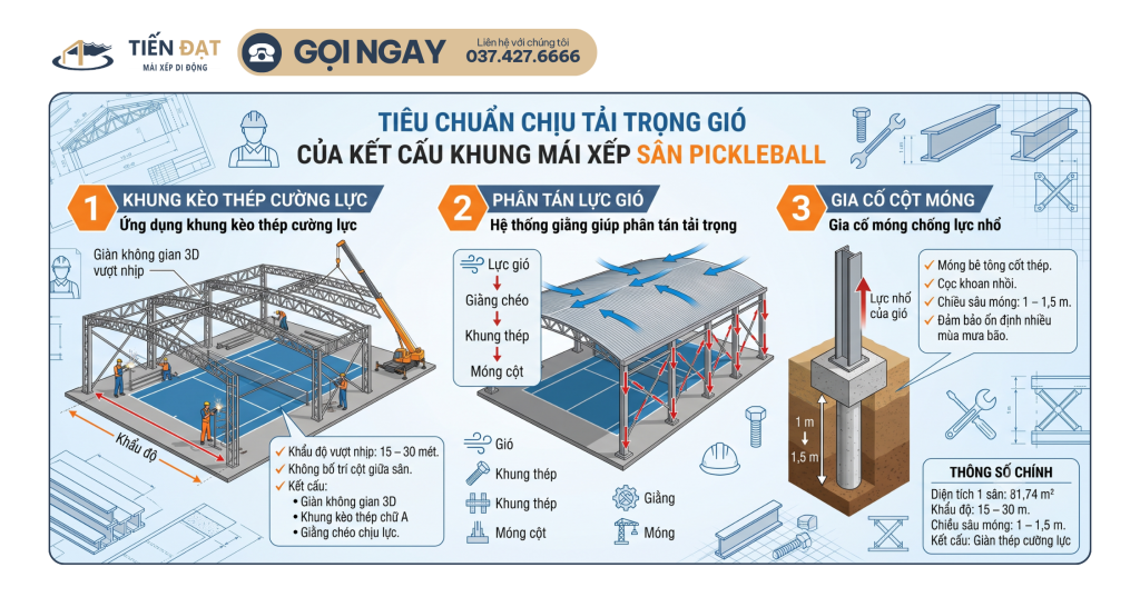 Thiết kế mái xếp cho sân Pickleball